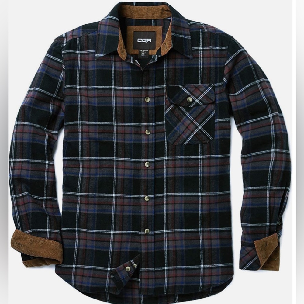 CQR Men's Medium All Cotton Flannel Shirt, Long Sleeve Button Up Plaid Shirt